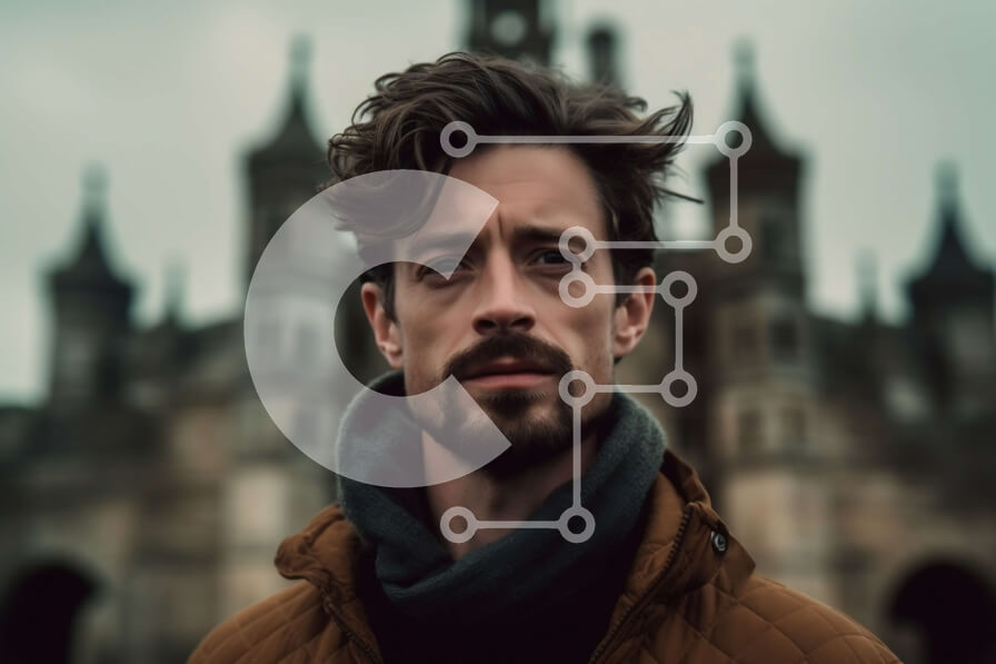 Intra Συλλεκτικό Ξύλινο Παζλ Plywood  4mm - Άνδρας με καφέ σακάκι και κασκόλ που στέκεται μπροστά από το σκοτεινό κάστρο Σε Ξύλινο Κουτί - Διαστάσεις Puzzle: 10x10 cm – 25 κομμάτια