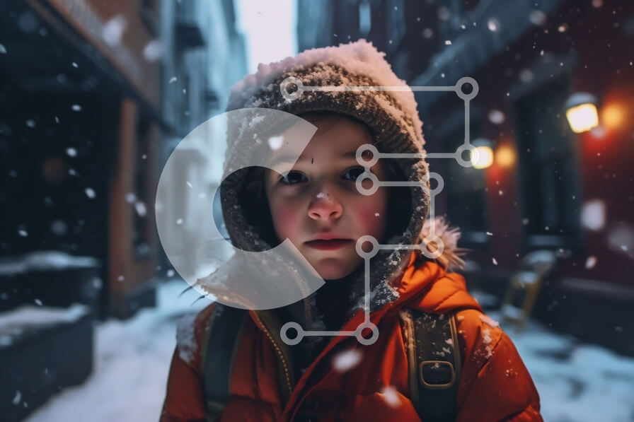 Intra Συλλεκτικό Ξύλινο Παζλ Plywood  4mm - Αξιολάτρευτη εικόνα ενός παιδιού με πορτοκαλί μπουφάν που στέκεται στο χιόνι Σε Ξύλινο Κουτί - Διαστάσεις Puzzle: 10x10 cm – 25 κομμάτια