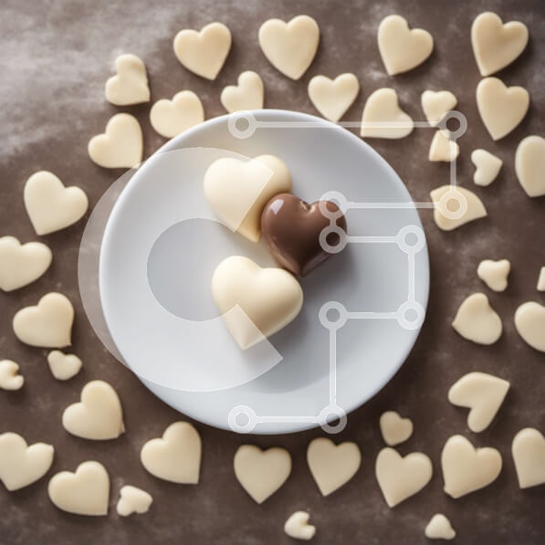 Σετ των 2 Intra Συλλεκτικό Ξύλινο Παζλ Plywood  4mm - Καραμέλες σοκολάτας σε σχήμα καρδιάς σε λευκό πιάτο Σε Ξύλινο Κουτί - Διαστάσεις: 10x10 cm – 25 κομμάτια