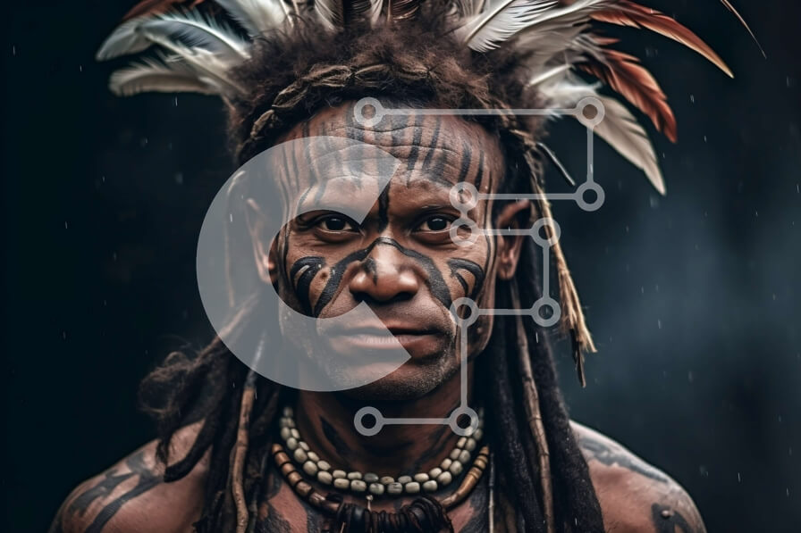 Intra Συλλεκτικό Ξύλινο Παζλ Plywood  4mm - Πορτρέτο ενός άνδρα με φυλετικό τατουάζ και φτερωτό κόμμωμα Σε Ξύλινο Κουτί - Διαστάσεις Puzzle: 10x10 cm – 25 κομμάτια