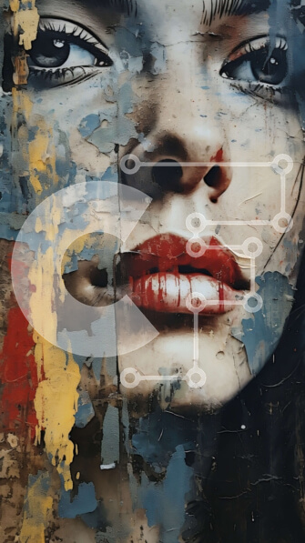 Intra Συλλεκτικό Ξύλινο Παζλ Plywood  4mm - Γυναίκα με ζωγραφισμένο πρόσωπο και κόκκινο κραγιόν ενάντια σε έναν τοίχο με υφή Σε Ξύλινο Κουτί - Διαστάσεις Puzzle: 10x10 cm – 25 κομμάτια