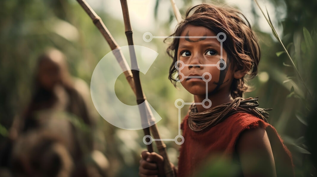 Intra Συλλεκτικό Ξύλινο Παζλ Plywood  4mm - Γενναίο κορίτσι με ζωγραφισμένο πρόσωπο και δόρυ σε μια πυκνή ζούγκλα Σε Ξύλινο Κουτί - Διαστάσεις Puzzle: 10x10 cm – 25 κομμάτια