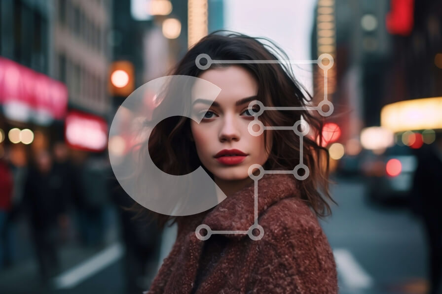 Intra Συλλεκτικό Ξύλινο Παζλ Plywood  4mm - Κομψή γυναίκα με καφέ παλτό και κόκκινο κραγιόν στο City Street τη νύχτα Σε Ξύλινο Κουτί - Διαστάσεις Puzzle: 10x10 cm – 25 κομμάτια