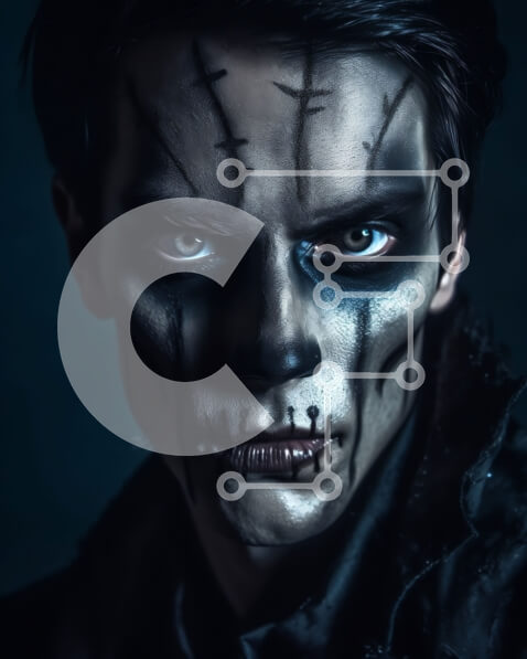 Intra Συλλεκτικό Ξύλινο Παζλ Plywood  4mm - Σοβαρός άντρας με μαύρα μαλλιά και μπλε μάτια με μαύρη δερμάτινη στολή Σε Ξύλινο Κουτί - Διαστάσεις Puzzle: 10x10 cm – 25 κομμάτια