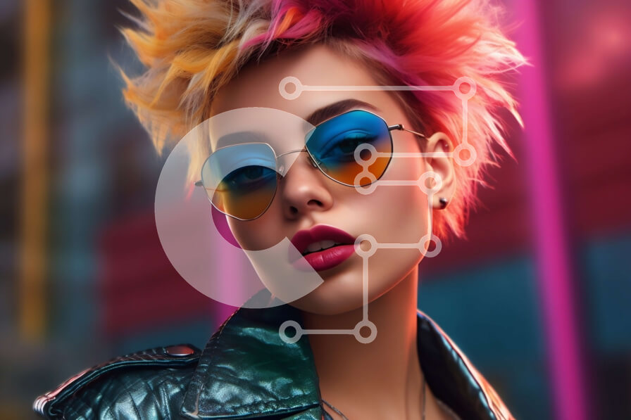 Intra Συλλεκτικό Ξύλινο Παζλ Plywood  4mm - Κομψή γυναίκα με πολύχρωμα μαλλιά και γυαλιά ηλίου που στέκεται μπροστά από το νέον φωτισμένο φόντο Σε Ξύλινο Κουτί - Διαστάσεις Puzzle: 10x10 cm – 25 κομμάτια