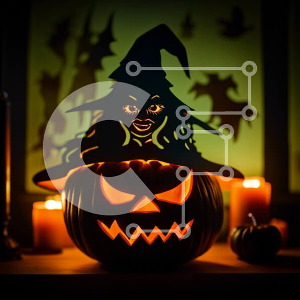 Intra Συλλεκτικό Ξύλινο Παζλ Plywood  4mm - Απόκοσμη αποκριάτικη διακόσμηση: Τζακ-ο-φανάρι με καπέλο μάγισσας Σε Ξύλινο Κουτί - Διαστάσεις: 10x10 cm – 25 κομμάτια