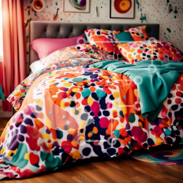 Intra Συλλεκτικό Ξύλινο Παζλ Plywood  4mm - Ζωντανό υπνοδωμάτιο με πολύχρωμο κάλυμμα και ασορτί κουρτίνες Σε Ξύλινο Κουτί - Διαστάσεις Puzzle: 10x10 cm – 25 κομμάτια