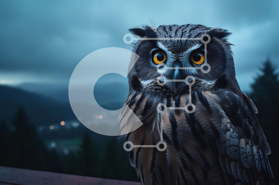 Σετ των 2 Intra Συλλεκτικό Ξύλινο Παζλ Plywood  4mm - Κουκουβάγια που κάθεται σε ένα ξύλινο κιγκλίδωμα με τα δέντρα και τα βουνά στο βάθος Σε Ξύλινο Κουτί - Διαστάσεις: 10x10 cm – 25 κομμάτια