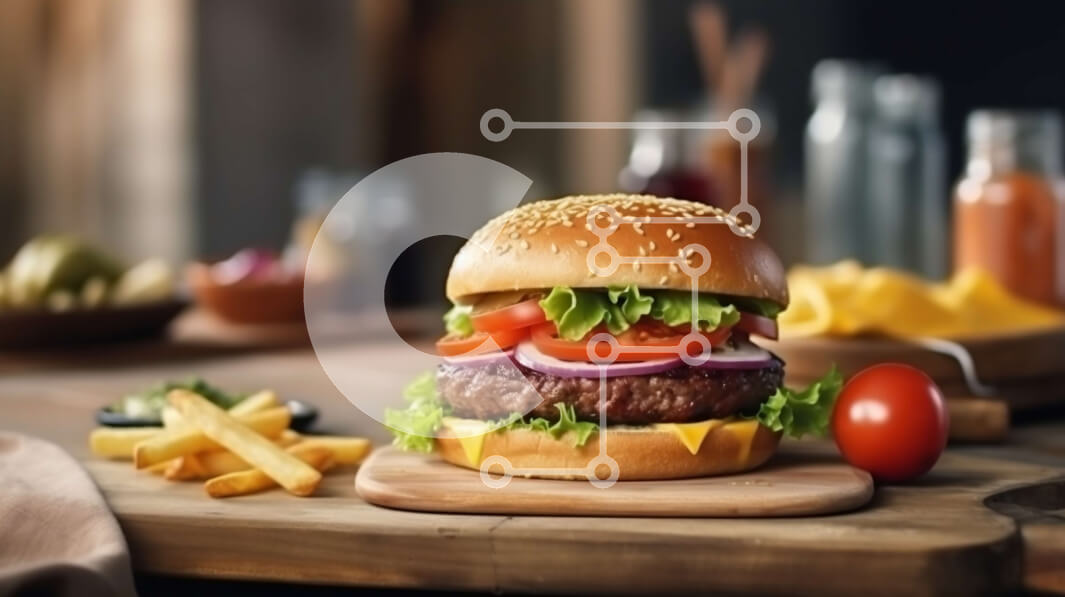 Σετ των 2 Intra Συλλεκτικό Ξύλινο Παζλ Plywood  4mm - Γευστική εικόνα ενός χάμπουργκερ με μαρούλι, ντομάτα και τηγανιτές πατάτες σε ένα ξύλινο τραπέζι Σε Ξύλινο Κουτί - Διαστάσεις: 10x10 cm – 25 κομμάτια