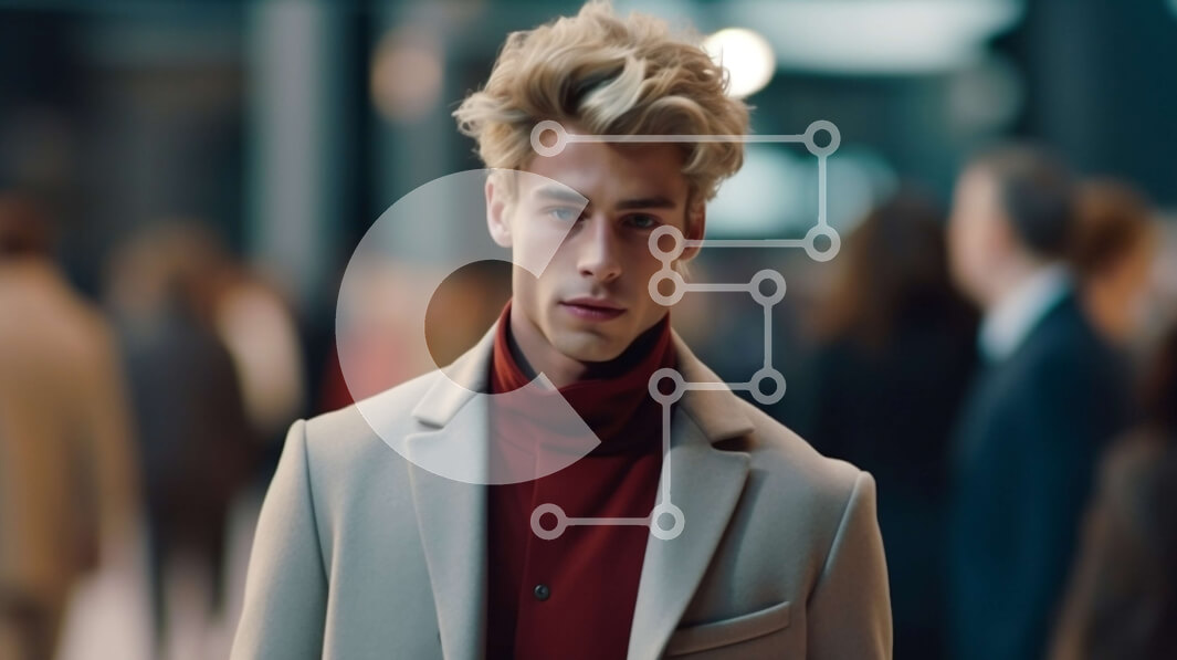 Intra Συλλεκτικό Ξύλινο Παζλ Plywood  4mm - Πορτρέτο του άνδρα με μπεζ παλτό και κόκκινο πουλόβερ στην πολυσύχναστη οδό της πόλης Σε Ξύλινο Κουτί - Διαστάσεις Puzzle: 10x10 cm – 25 κομμάτια