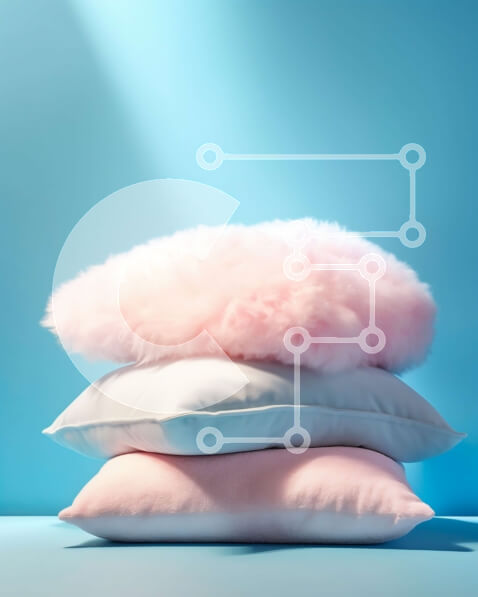 Intra Συλλεκτικό Ξύλινο Παζλ Plywood  4mm - Πολύχρωμα και άνετα: Στοίβα από ροζ και λευκά μαξιλάρια σε μπλε φόντο Σε Ξύλινο Κουτί - Διαστάσεις Puzzle: 10x10 cm – 25 κομμάτια