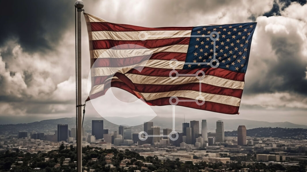 Intra Συλλεκτικό Ξύλινο Παζλ Plywood  4mm - Δείξτε περήφανα τον πατριωτισμό σας με αυτήν την εκπληκτική εικόνα της αμερικανικής σημαίας να κυματίζει στον ορίζοντα της πόλης Σε Ξύλινο Κουτί - Διαστάσεις Puzzle: 10x10 cm – 25 κομμάτια