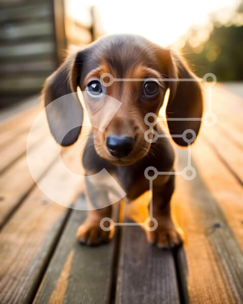 Σετ των 2 Intra Συλλεκτικό Ξύλινο Παζλ Plywood  4mm - Χαριτωμένο καφέ και μαύρο σκυλί Dachshund σε ένα ξύλινο κατάστρωμα στο ηλιοβασίλεμα Σε Ξύλινο Κουτί - Διαστάσεις: 10x10 cm – 25 κομμάτια