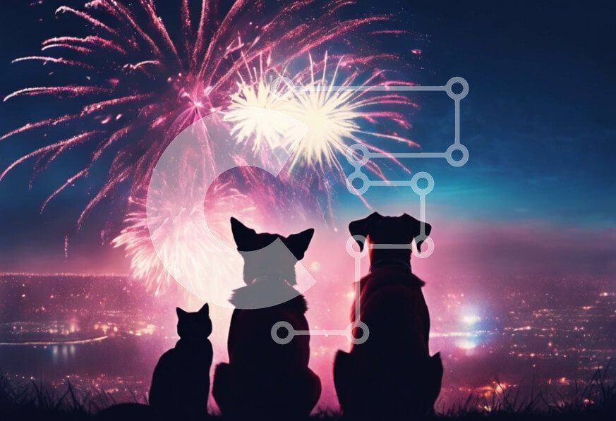 Σετ των 2 Intra Συλλεκτικό Ξύλινο Παζλ Plywood  4mm - Κατοικίδια που παρακολουθούν τα πυροτεχνήματα της πόλης την παραμονή της Πρωτοχρονιάς Σε Ξύλινο Κουτί - Διαστάσεις: 10x10 cm – 25 κομμάτια