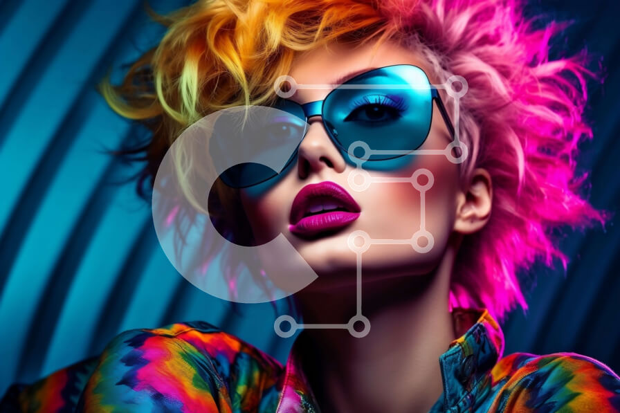 Intra Συλλεκτικό Ξύλινο Παζλ Plywood  4mm - Η πολύχρωμη μαλλιαρή γυναίκα ποζάρει για κάμερα σε αστικό τοπίο με νέον φωτισμό Σε Ξύλινο Κουτί - Διαστάσεις Puzzle: 10x10 cm – 25 κομμάτια