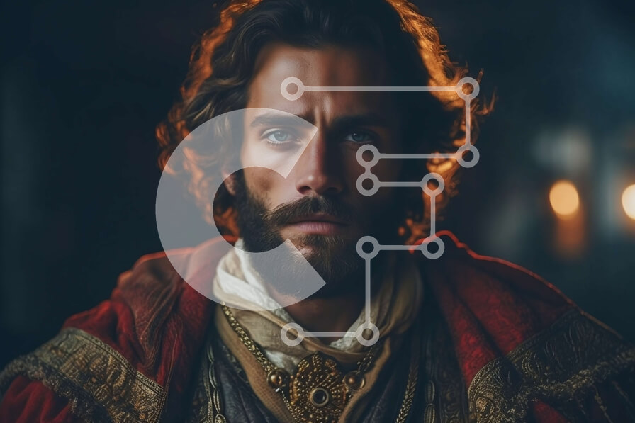 Intra Συλλεκτικό Ξύλινο Παζλ Plywood  4mm - Σοβαρός άντρας με μακριά μαλλιά και γένια σε κόκκινη και χρυσή ρόμπα Σε Ξύλινο Κουτί - Διαστάσεις Puzzle: 10x10 cm – 25 κομμάτια