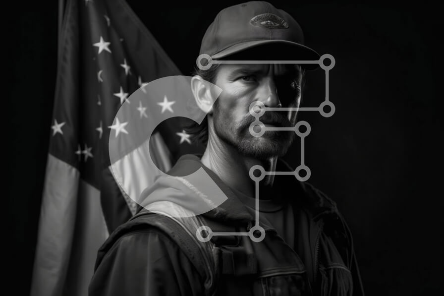 Intra Συλλεκτικό Ξύλινο Παζλ Plywood  4mm - Σοβαρός άνδρας με όπλο μπροστά από την αμερικανική σημαία Σε Ξύλινο Κουτί - Διαστάσεις Puzzle: 10x10 cm – 25 κομμάτια