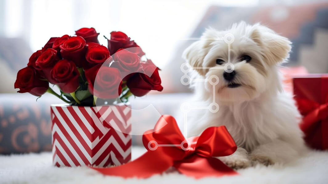 Intra Συλλεκτικό Ξύλινο Παζλ Plywood  4mm - Λευκός σκύλος που γιορτάζει την ημέρα του Αγίου Βαλεντίνου με κόκκινα τριαντάφυλλα και δώρα Σε Ξύλινο Κουτί - Διαστάσεις: 10x10 cm – 25 κομμάτια