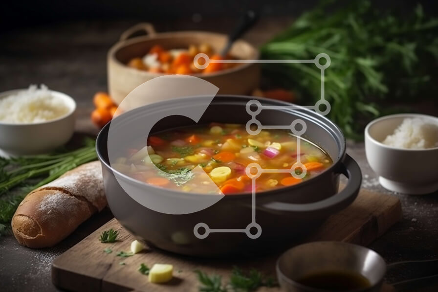 Σετ των 2 Intra Συλλεκτικό Ξύλινο Παζλ Plywood  4mm - Νόστιμο δοχείο σούπας με λαχανικά και ψωμί σε ένα ρουστίκ ξύλινο τραπέζι Σε Ξύλινο Κουτί - Διαστάσεις: 10x10 cm – 25 κομμάτια