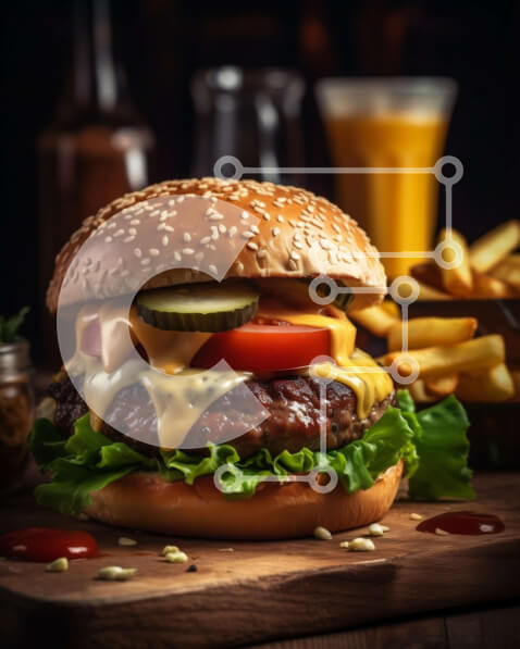 Σετ των 2 Intra Συλλεκτικό Ξύλινο Παζλ Plywood  4mm - Νόστιμο Cheeseburger με μαρούλι, ντομάτα και τηγανιτές πατάτες σε ξύλινο τραπέζι Σε Ξύλινο Κουτί - Διαστάσεις: 10x10 cm – 25 κομμάτια