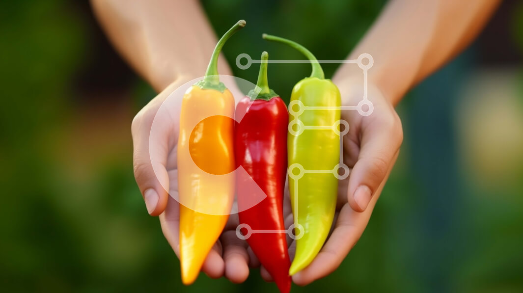 Σετ των 2 Intra Συλλεκτικό Ξύλινο Παζλ Plywood  4mm - Χέρια που κρατούν τις κόκκινες, κίτρινες και πράσινες πιπεριές τσίλι Σε Ξύλινο Κουτί - Διαστάσεις: 10x10 cm – 25 κομμάτια