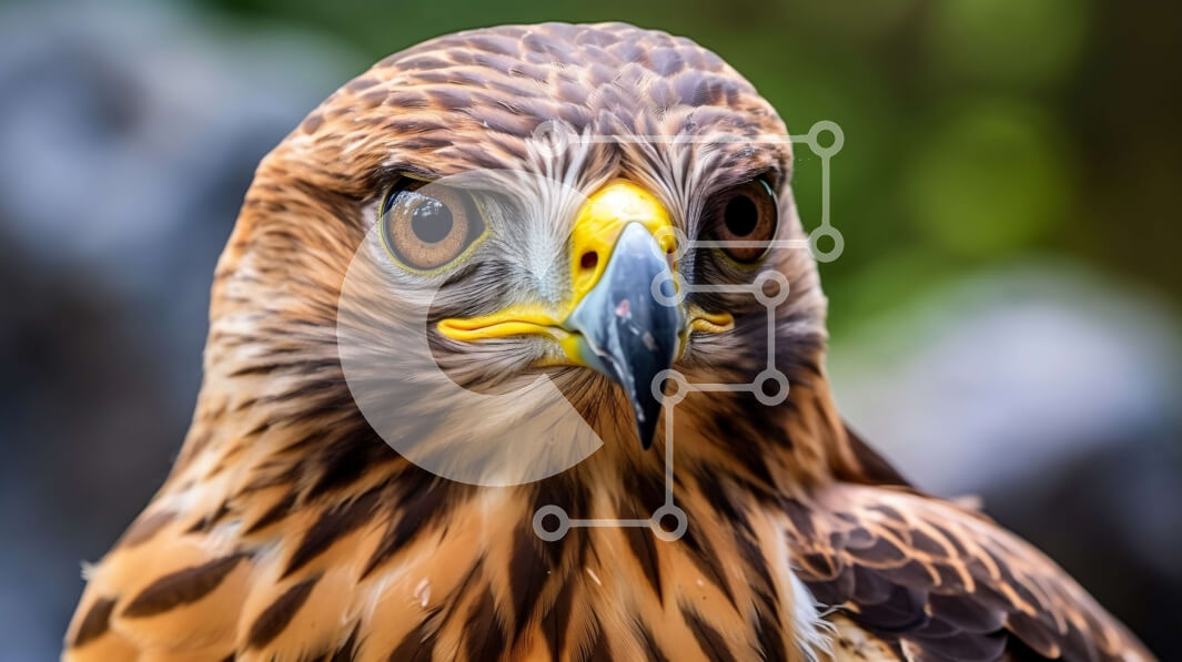 Σετ των 2 Intra Συλλεκτικό Ξύλινο Παζλ Plywood  4mm - Κοντινή εικόνα ενός γερακιού με κοφτερό ράμφος και διαπεραστικά κίτρινα μάτια Σε Ξύλινο Κουτί - Διαστάσεις: 10x10 cm – 25 κομμάτια