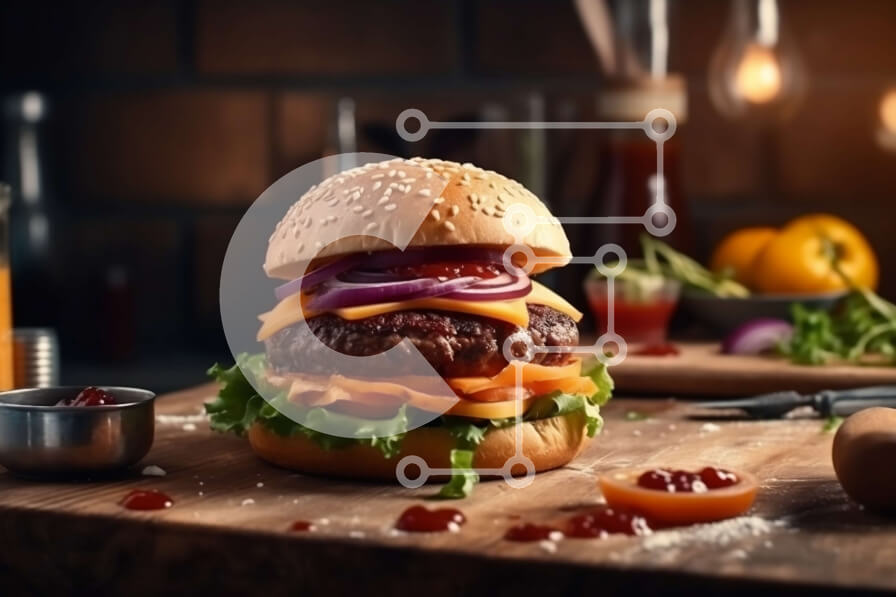 Σετ των 2 Intra Συλλεκτικό Ξύλινο Παζλ Plywood  4mm - Νόστιμο χάμπουργκερ με θέα στην πόλη τη νύχτα Σε Ξύλινο Κουτί - Διαστάσεις: 10x10 cm – 25 κομμάτια