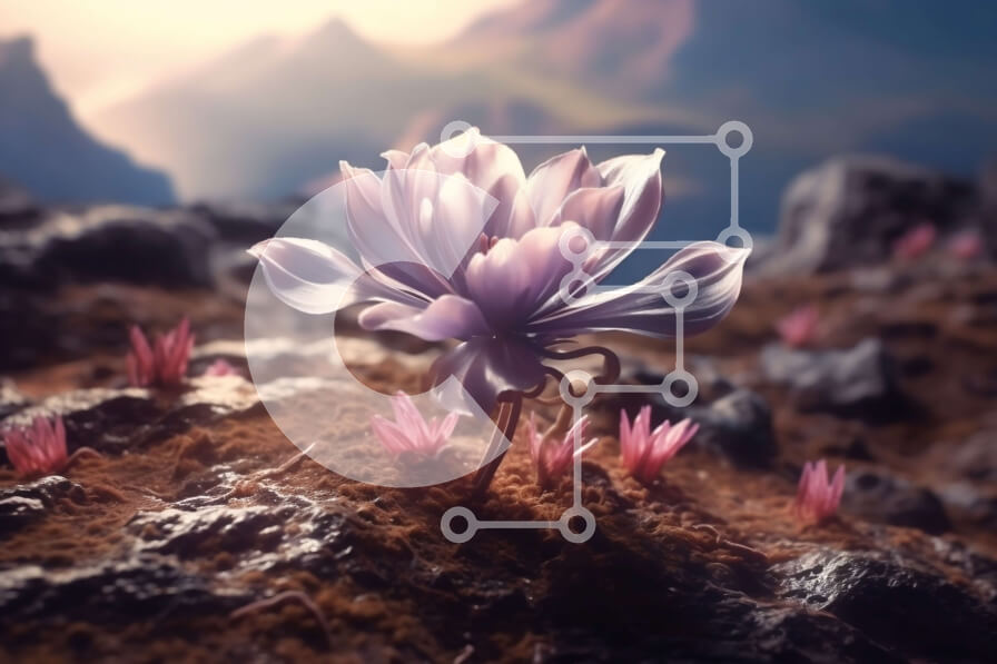 Intra Συλλεκτικό Ξύλινο Παζλ Plywood  4mm - Εκπληκτική εικόνα ενός μωβ λουλουδιού σε βραχώδες έδαφος με βουνά στο φόντο Σε Ξύλινο Κουτί - Διαστάσεις: 10x10 cm – 25 κομμάτια