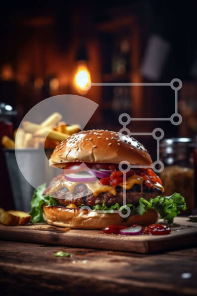 Σετ των 2 Intra Συλλεκτικό Ξύλινο Παζλ Plywood  4mm - Ζουμερό χάμπουργκερ με τυρί, μαρούλι, ντομάτα και τηγανιτές πατάτες σε ξύλινο τραπέζι Σε Ξύλινο Κουτί - Διαστάσεις: 10x10 cm – 25 κομμάτια