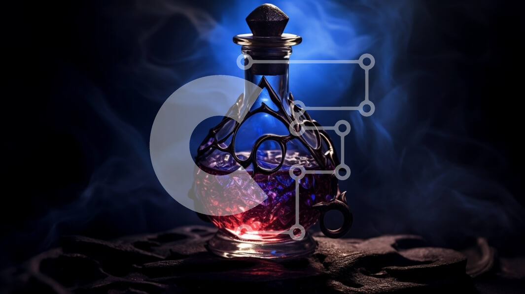 Intra Συλλεκτικό Ξύλινο Παζλ Plywood  4mm - Μυστηριώδες και ζωντανό μπλε και μοβ υγρό σε γυάλινο μπουκάλι Σε Ξύλινο Κουτί - Διαστάσεις: 10x10 cm – 25 κομμάτια