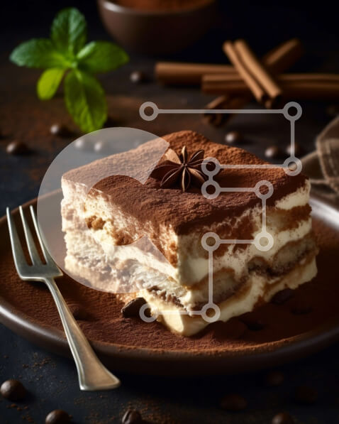 Σετ των 2 Intra Συλλεκτικό Ξύλινο Παζλ Plywood  4mm - Νόστιμη φέτα τιραμισού σε ένα πιάτο με κόκκους καφέ στο φόντο Σε Ξύλινο Κουτί - Διαστάσεις: 10x10 cm – 25 κομμάτια