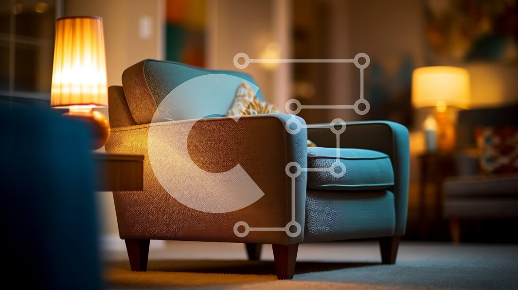 Intra Συλλεκτικό Ξύλινο Παζλ Plywood  4mm - Άνετη μπλε πολυθρόνα με φωτιστικό στη γωνία του δωματίου Σε Ξύλινο Κουτί - Διαστάσεις Puzzle: 10x10 cm – 25 κομμάτια