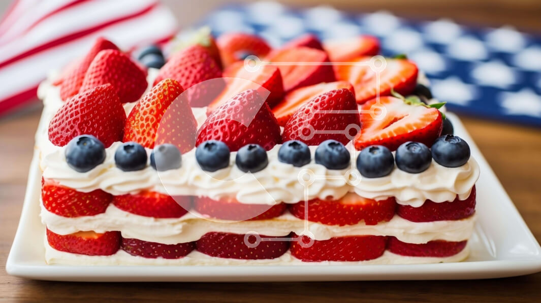 Intra Συλλεκτικό Ξύλινο Παζλ Plywood  4mm - Κέικ με πατριωτικό θέμα με φράουλες και βατόμουρα σε φόντο αμερικανικής σημαίας Σε Ξύλινο Κουτί - Διαστάσεις: 10x10 cm – 25 κομμάτια