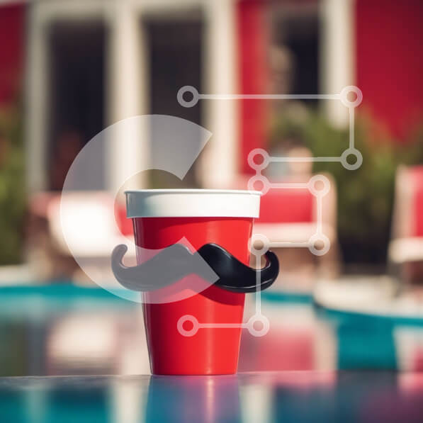 Intra Συλλεκτικό Ξύλινο Παζλ Plywood  4mm - Red Cup με μουστάκι στο τραπέζι δίπλα στην πισίνα Σε Ξύλινο Κουτί - Διαστάσεις Puzzle: 10x10 cm – 25 κομμάτια