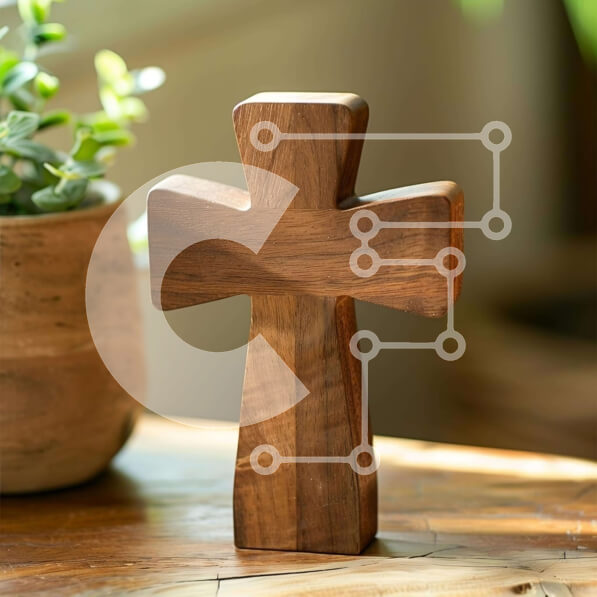 Intra Συλλεκτικό Ξύλινο Παζλ Plywood  4mm - Ξύλινος Σταυρός σε Δρύινο Τραπέζι με Φυτό σε Γλάστρα Σε Ξύλινο Κουτί - Διαστάσεις Puzzle: 10x10 cm – 25 κομμάτια