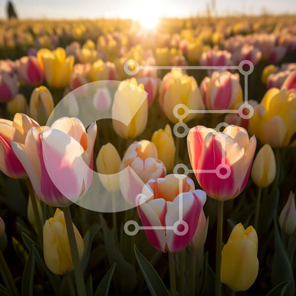 Intra Συλλεκτικό Ξύλινο Παζλ Plywood  4mm - Όμορφη εικόνα ενός χωραφιού με τουλίπες στο ηλιοβασίλεμα Σε Ξύλινο Κουτί - Διαστάσεις: 10x10 cm – 25 κομμάτια