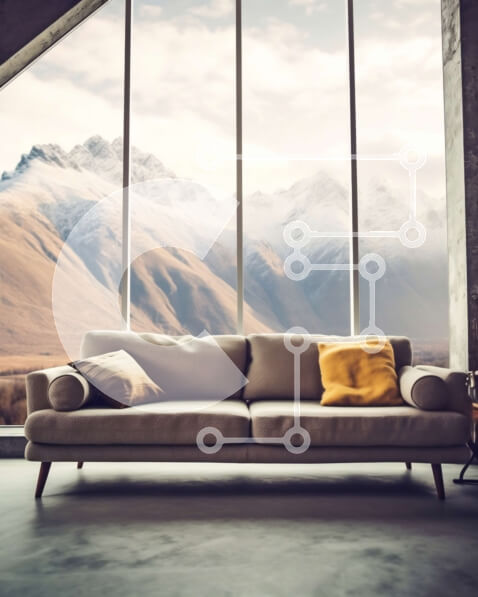 Intra Συλλεκτικό Ξύλινο Παζλ Plywood  4mm - Κομψό σαλόνι με μεγάλο παράθυρο και θέα στην οροσειρά Σε Ξύλινο Κουτί - Διαστάσεις Puzzle: 10x10 cm – 25 κομμάτια