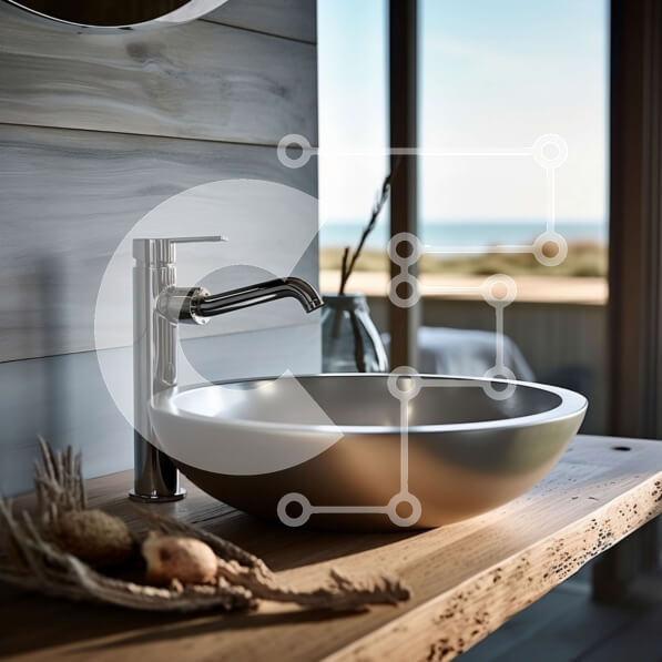 Intra Συλλεκτικό Ξύλινο Παζλ Plywood  4mm - Μοντέρνος νιπτήρας μπάνιου από ανοξείδωτο ατσάλι με ξύλινο πάγκο και ορθογώνιο καθρέφτη Σε Ξύλινο Κουτί - Διαστάσεις Puzzle: 10x10 cm – 25 κομμάτια