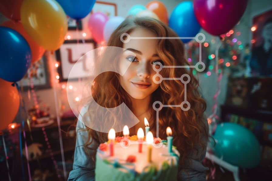 Intra Συλλεκτικό Ξύλινο Παζλ Plywood  4mm - Γιορτή για τα γενέθλια με μια νεαρή γυναίκα που κρατά μια τούρτα και πολύχρωμα μπαλόνια Σε Ξύλινο Κουτί - Διαστάσεις Puzzle: 10x10 cm – 25 κομμάτια