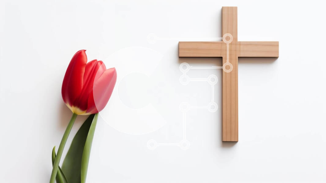 Intra Συλλεκτικό Ξύλινο Παζλ Plywood  4mm - Κόκκινη τουλίπα και ξύλινος σταυρός σε άσπρο φόντο Σε Ξύλινο Κουτί - Διαστάσεις Puzzle: 10x10 cm – 25 κομμάτια