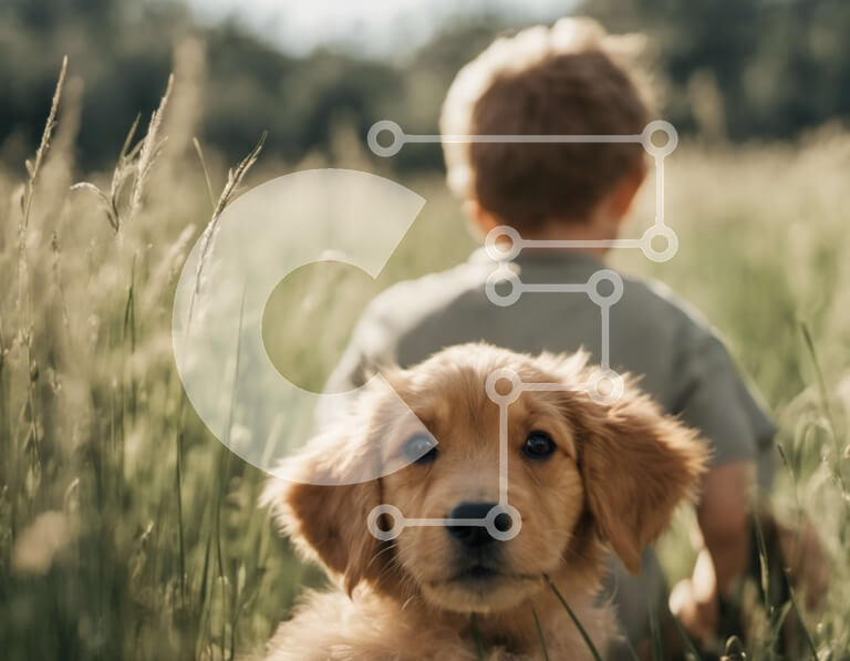 Intra Συλλεκτικό Ξύλινο Παζλ Plywood  4mm - Young Boy και Golden Retriever κουτάβι σε ένα χωράφι Σε Ξύλινο Κουτί - Διαστάσεις Puzzle: 10x10 cm – 25 κομμάτια