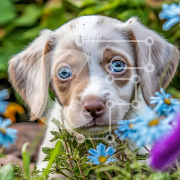 Intra Συλλεκτικό Ξύλινο Παζλ Plywood  4mm - Χαριτωμένη εικόνα του σκύλου με τα μπλε λουλούδια στον κήπο Σε Ξύλινο Κουτί - Διαστάσεις: 10x10 cm – 25 κομμάτια