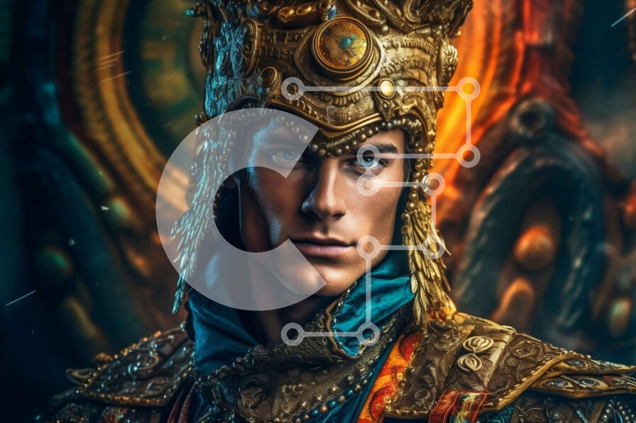 Intra Συλλεκτικό Ξύλινο Παζλ Plywood  4mm - Άνθρωπος με χρυσό στέμμα και επιτελείο ενάντια σε φλεγόμενο φόντο Σε Ξύλινο Κουτί - Διαστάσεις Puzzle: 10x10 cm – 25 κομμάτια