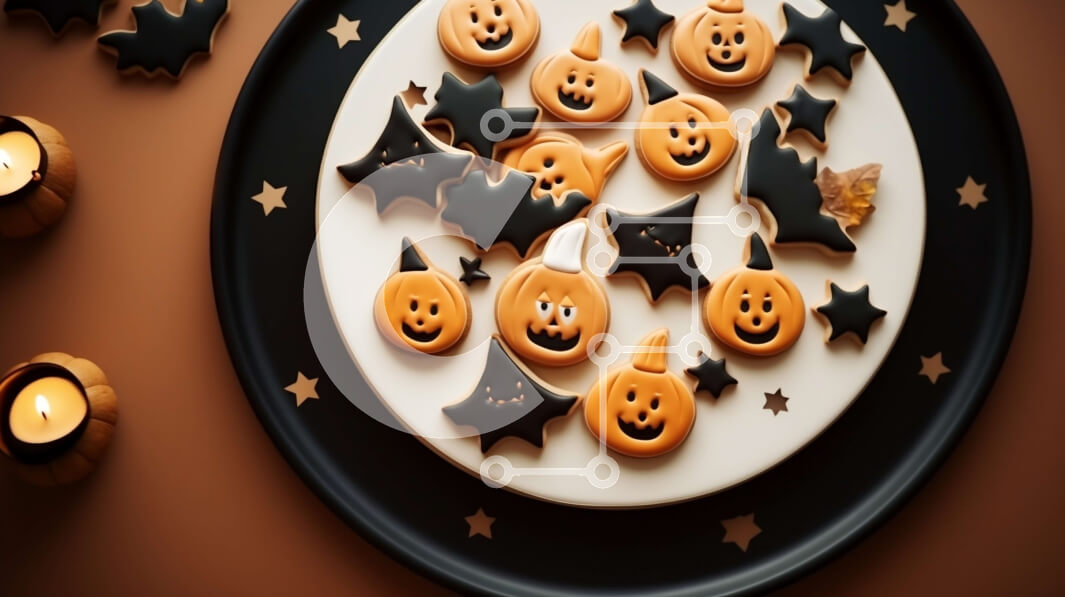 Σετ των 2 Intra Συλλεκτικό Ξύλινο Παζλ Plywood  4mm - Μπισκότα αποκριών με κολοκύθες και νυχτερίδες σε πορτοκαλί φόντο Σε Ξύλινο Κουτί - Διαστάσεις: 10x10 cm – 25 κομμάτια