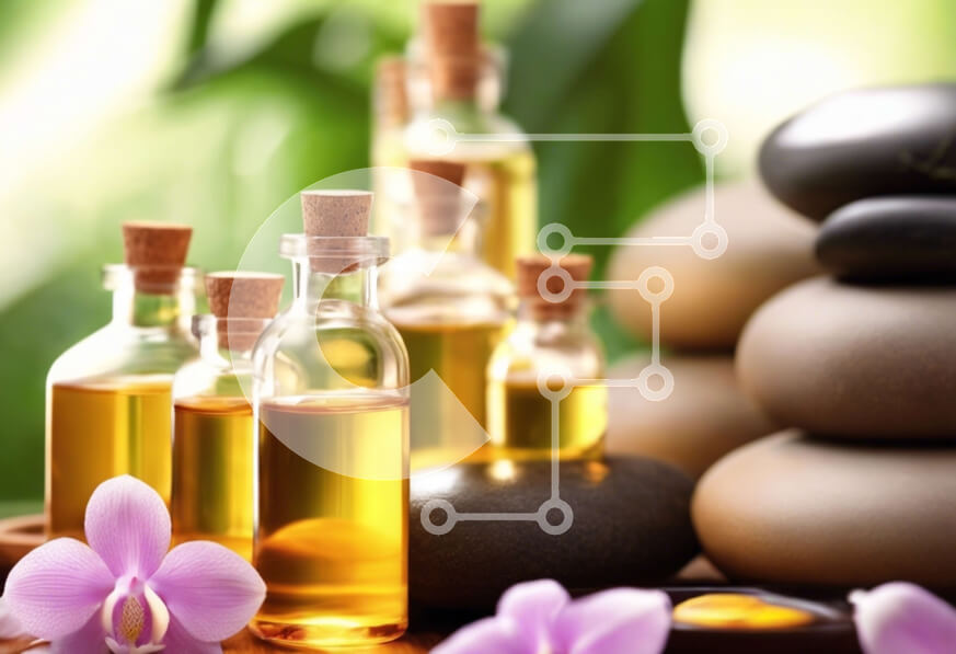 Intra Συλλεκτικό Ξύλινο Παζλ Plywood  4mm - Αιθέρια έλαια σε ξύλινο τραπέζι με πέτρες και λουλούδια Σε Ξύλινο Κουτί - Διαστάσεις Puzzle: 10x10 cm – 25 κομμάτια