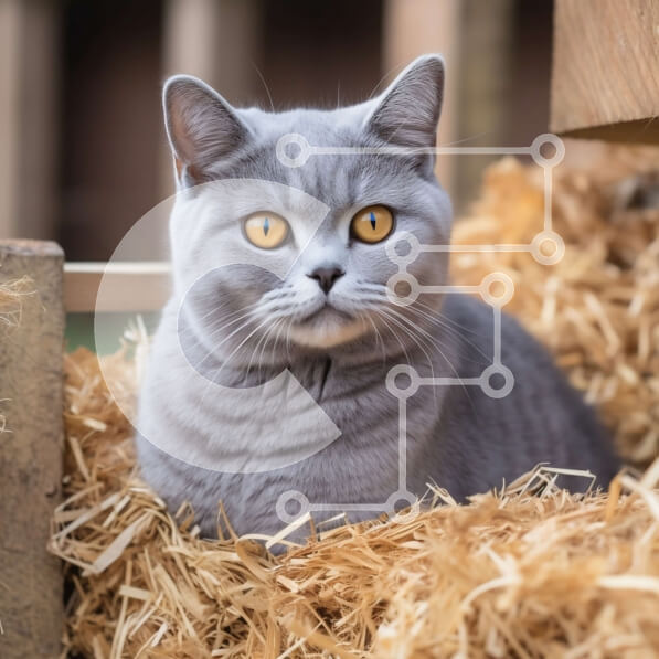 Intra Συλλεκτικό Ξύλινο Παζλ Plywood  4mm - Αξιολάτρευτη εικόνα μιας γκρίζας γάτας που κάθεται σε ένα σωρό σανό Σε Ξύλινο Κουτί - Διαστάσεις: 10x10 cm – 25 κομμάτια