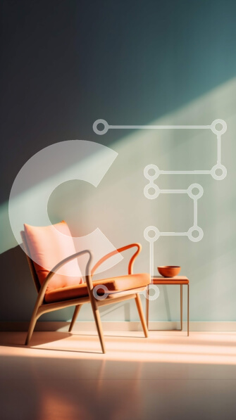 Intra Συλλεκτικό Ξύλινο Παζλ Plywood  4mm - Κομψή και μινιμαλιστική πορτοκαλί πολυθρόνα σε ένα φωτεινό, φιλόξενο δωμάτιο Σε Ξύλινο Κουτί - Διαστάσεις Puzzle: 10x10 cm – 25 κομμάτια