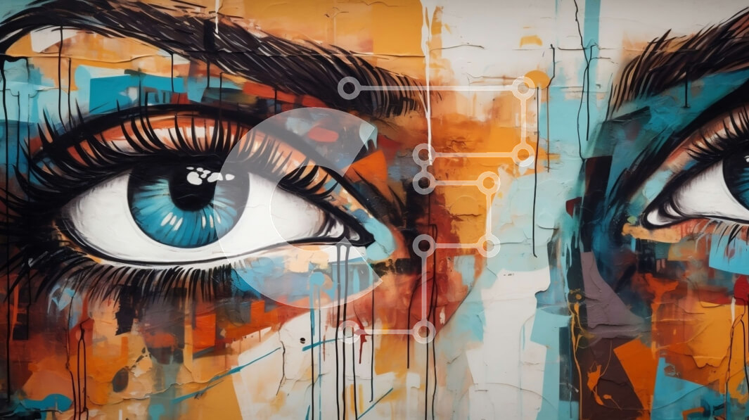 Intra Συλλεκτικό Ξύλινο Παζλ Plywood  4mm - Πολύχρωμη τέχνη γκράφιτι με μπλε και καφέ μάτια Σε Ξύλινο Κουτί - Διαστάσεις Puzzle: 10x10 cm – 25 κομμάτια