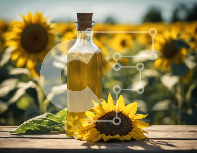 Σετ των 2 Intra Συλλεκτικό Ξύλινο Παζλ Plywood  4mm - Μπουκάλι ηλιέλαιου σε ξύλινο τραπέζι με χωράφι ηλίανθου Σε Ξύλινο Κουτί - Διαστάσεις: 10x10 cm – 25 κομμάτια