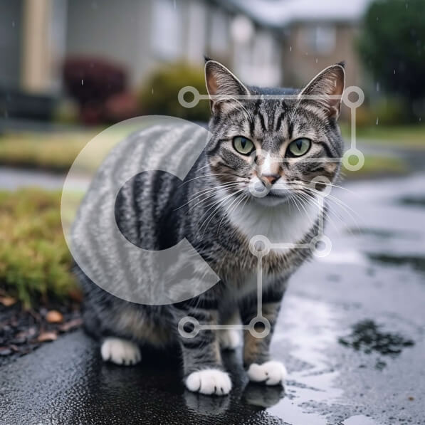 Intra Συλλεκτικό Ξύλινο Παζλ Plywood  4mm - Αξιολάτρευτη ριγέ γάτα σε βρεγμένο πεζοδρόμιο κοιτάζοντας την κάμερα Σε Ξύλινο Κουτί - Διαστάσεις: 10x10 cm – 25 κομμάτια